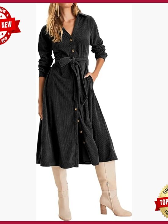 Dresses & Skirts - Corduroy Midi Dress with Pockets V Neck Button Down Belted Flowy Long Sleeve